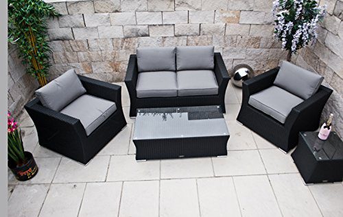 PolyRattan Lounge Set DEUTSCHE MARKE -- EIGNENE PRODUKTION 8 Jahre GARANTIE auf UV-Beständigkeit Garten Möbel incl. Glas und Polster Ragnarök-Möbeldesign (schwarz) Gartenmöbel