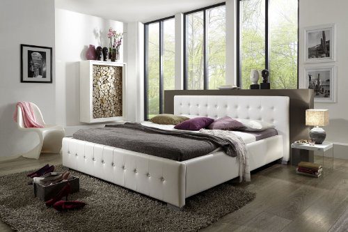 SAM® Polsterbett Bett Rimini in weiß 140 x 200 cm Silber Farben Füße abgestepptes modernes Design Wasserbett geeignet