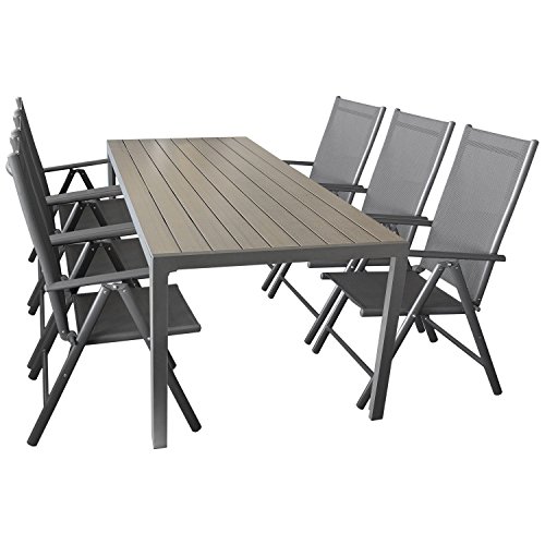 Sitzgruppe Gartengarnitur Gartenmöbel Terrassenmöbel Set 7-teilig - Gartentisch, Aluminium, Polywood-Tischplatte, 205x90cm + 6x Hochlehner, klappbar, 2x2 Textilen