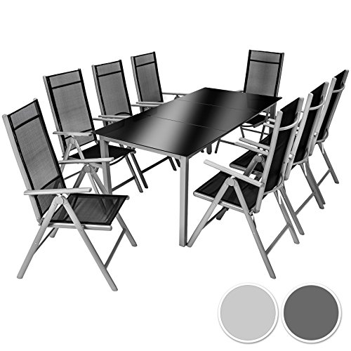 TecTake Aluminium Sitzgarnitur 8+1 Sitzgruppe Gartenmöbel Tisch & Stuhl-Set - diverse Farben - (Silber Grau | Nr. 402165)