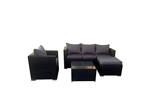 Yakoe Papaver Serie Outdoor 4-Teilig Polyrattan Lounge Ecksofa Sitzgruppe Gartenmöbel Sitzgarnitur, Schwarz, 182x65x71 cm