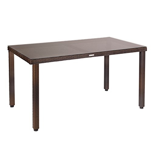Tisch "Ejvind", Polyrattan-Tisch mit Glastischplatte, Terrassentisch mit Alu-Gestell Gartentisch aus Polyethylen, langlebig, ca. 140 x 80 x 74 cm, braun bicolor