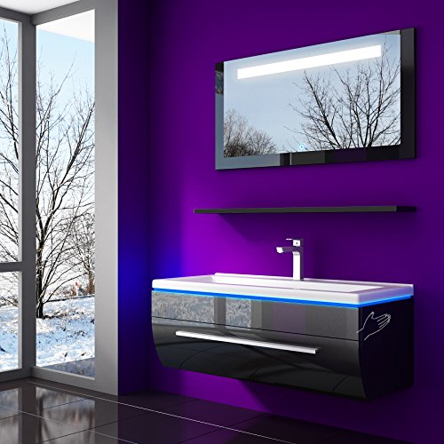 70 cm Schwarz Badmöbelset Vormontiert Badezimmermöbel Waschbeckenschrank mit Waschtisch Spiegel mit LED Hochglanz Lackiert Homeline1