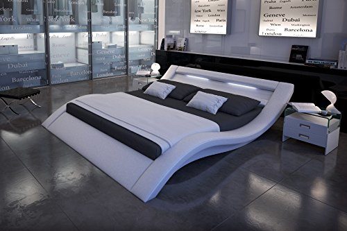 SAM LED-Polsterbett 160x200 cm Look, weiß, Bett aus Kunstleder, LED - Beleuchtung im Kopfteil, geschwungene Optik, als…