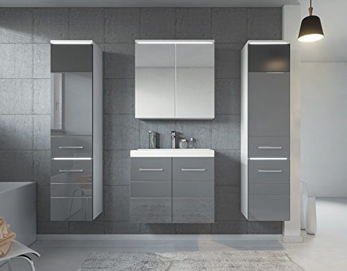 Badezimmer Badmöbel Toledo XL LED 60 cm Waschbecken Hochglanz Grau Fronten - Unterschrank 2x Hochschrank Waschtisch Spiegelschrank