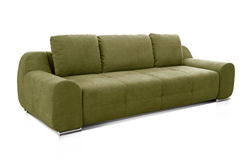 CAVADORE Big Sofa Benderes/Moderne Couch mit Steppung und Ziernaht/Inkl. 3 Kissen/Chromfüße/266 x 70 x 102 (BxHxT)/Grün