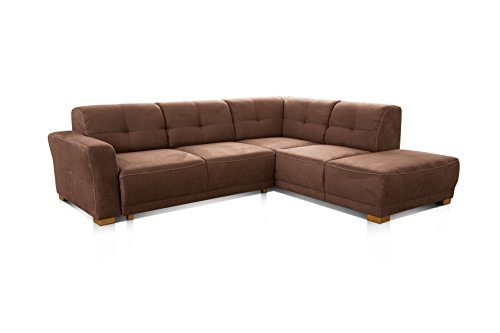 CAVADORE Ecksofa Modeo/Sofa-Ecke mit Federkern und modernen Kontrastnähten/Hochwertiger Mikrofaser-Bezug in Wildlederoptik/Holzfüße/Maße: 261x77x214 cm (BxHxT)/Farbe: Braun