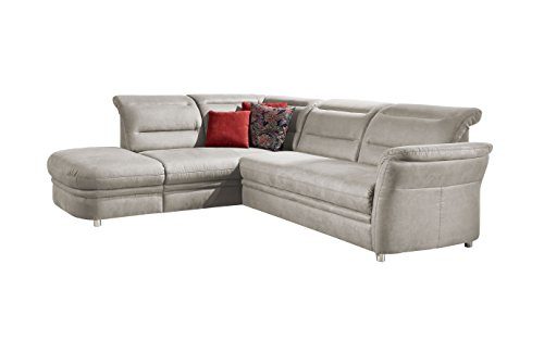 Cavadore Eck-Sofa Bontlei / Federkern-Couch mit Schlaffunktion und Ottomane / 261 x 88 x 237 cm (BxHxT) / Mikrofaser hellgrau
