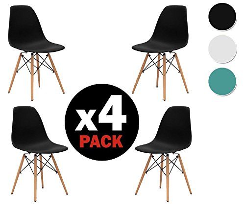 due-home (Nordik) – Pack 4 Stühle Tower schwarz, Stuhl Replica Eames schwarz und Holz Buche, Maße: 47 cm breit x 56 cm tief x 81 cm Höhe