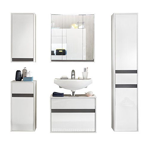 trendteam Badezimmer 5-teilige Set Kombination Sol, 177 x 191 x 36 cm in Korpus Weiß, Front Weiß Hochglanz ohne Beleuchtung