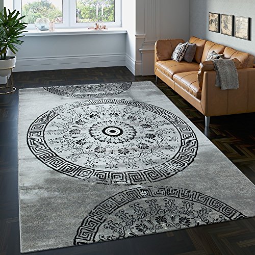 PHC Teppich Klassisch Gemustert Kreis Ornamente in Grau Schwarz Meliert, Grösse:80x150 cm