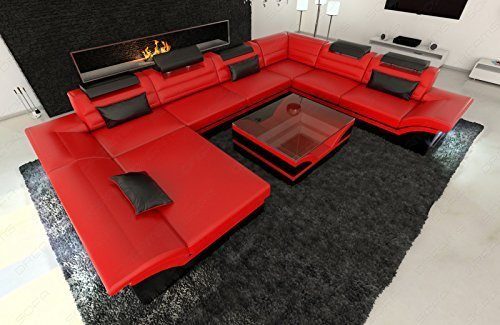 Luxus Couch Enzo XXL mega Wohnlandschaft + LED rot - schwarz