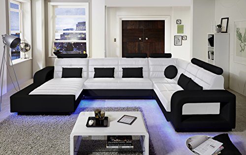 SAM® Design Wohnlandschaft New York mit LED Beleuchtung in Weiß & schwarz inkl. Kissen, abgestepptes Design, bequeme Polsterung, pflegeleicht, futuristisches Design