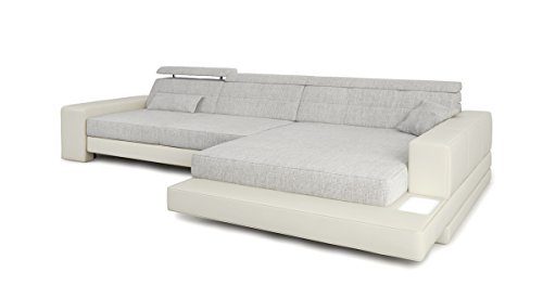 Ecksofa Couch L-Form weiß / grau platin Leder Wohnlandschaft + Stoff Sofa modern Eckcouch Designersofa mit LED-Licht Beleuchtung IMOLA III