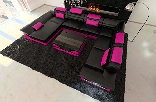 Luxus Wohnlandschaft Enzo XXL + LED schwarz - pink
