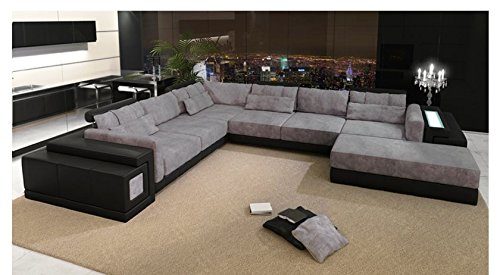 Leder Wohnlandschaft XXL schwarz / grau Stoff Sofa Couch U-Form Designsofa Ecksofa mit LED-Licht Beleuchtung HANNOVER