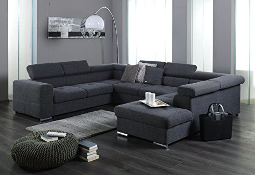 XXL Wohnlandschaft, Couch "CARY", U-Form, Strukturstoff grau - Ohne Schlaffunktion - Ottomane rechts
