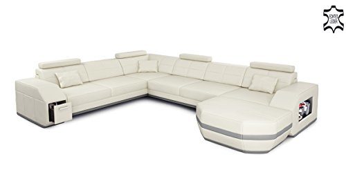 XXL Leder Wohnlandschaft weiß grau Ledersofa Ecksofa Sofa Couch Ledercouch U-Form mit LED-Licht Designsofa FRANKFURT