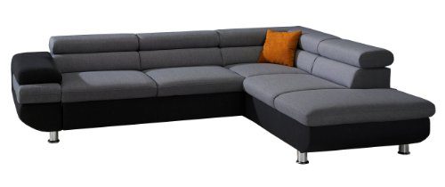 Cavadore Ecksofa Caponelle mit Bett und Bettkasten / Moderne zweifarbige Couch inkl. Kopfstützen / 267 x 72 x 226 cm (BxHxT) / Strukturstoff schwarz - grau