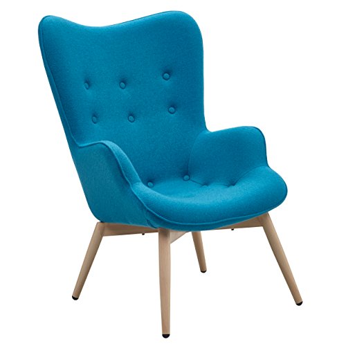 Designer Ohren-Sessel mit Armlehnen aus Webstoff in Blau | Anjo | Club-Sessel im Retro-Design | Gestell aus Holz in Natur | 68 x 41 x 92 cm