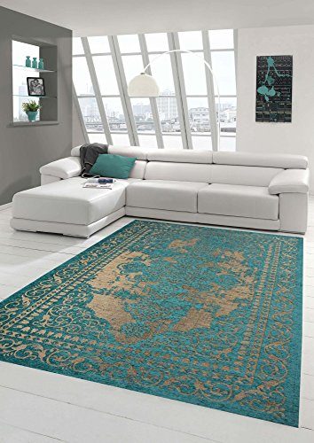 Moderner Teppich Designer Teppich Orientteppich Wohnzimmer Teppich mit Bordüre in Türkis Beige Größe 80x150 cm