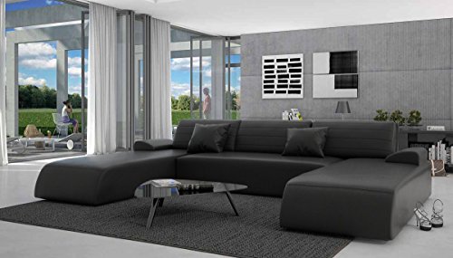 Wohn-Landschaft mit Schlaffunktion in schwarz 310x212 cm U-Form | Lavia-U | Sofa-Garnitur aus Kunstleder mit 2 Recamieren | Couch ausziehbar für Wohnzimmer schwarz 310cm x 212cm