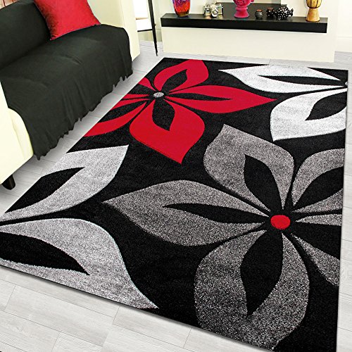 Shuja Teppich - Designer Kurzflor Teppiche mit Blumenmuster in versch. Farben & Größen: Rot, Grau, Schwarz 160x230