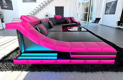 XXL Wohnlandschaft Turino CL Form schwarz-pink Sofa Couch Ecksofa Ledersofa Designersofa Ledercouch LED Licht beleuchtung Kopfstützen uvm.
