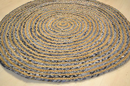 Maße 120 x 120 cm RUND Jute mit Denim Shabby Chic Kreis Teppich Rustikaler Stil für alle Räume