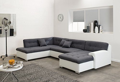 ARBD Wohnlandschaft, Couchgarnitur U-Form, ROCKY mit Schlaffunktion 325 x 205cm weiß/grau, Ottomane links