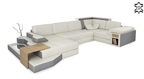 XXL Wohnlandschaft weiß / grau Ledersofa U-Form Ledercouch Ecksofa Sofa Design Couch mit LED-Licht BERGAMO