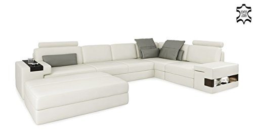 Ledersofa weiß / grau Wohnlandschaft Leder Sofa L-Form Eck Couch Ledercouch Ecksofa Designersofa mit Beleuchtung HAMBURG II