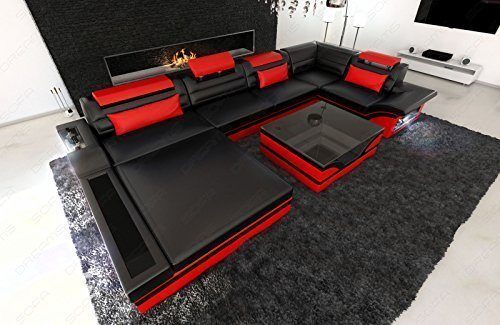 Luxus Wohnlandschaft Mezzo U-Form Designersofa mit LED schwarz - rot