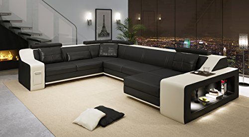 Wohnlandschaft schwarz / weiß modern Ledersofa Ecksofa Ledersofa Ledercouch Sofa Couch Eckcouch Designsofa U-Form mit LED-Licht Beleuchtung BERLIN