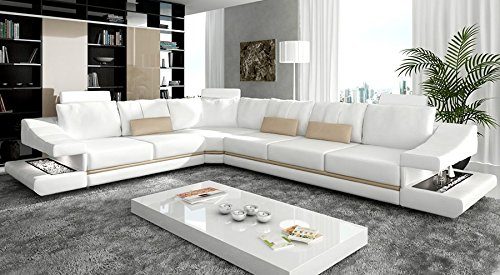 Ledercouch Ecksofa L-Form weiß / ecru beige Eckcouch Wohnlandschaft Leder Sofa Couch mit LED-Licht Beleuchtung Designsofa STUTTGART