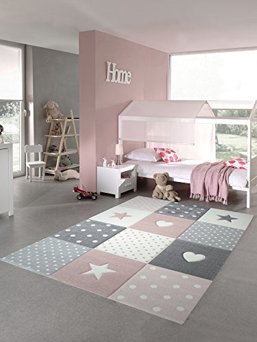 Kinderteppich Spielteppich Teppich Kinderzimmer Babyteppich mit Herz Stern in Rosa Weiss Grau Größe 80x150 cm