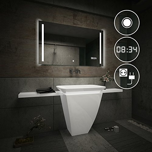 FORAM Design Badspiegel mit LED Beleuchtung Wandspiegel Badezimmerspiegel mit Touch Schalter + LED Uhr + Steckdose