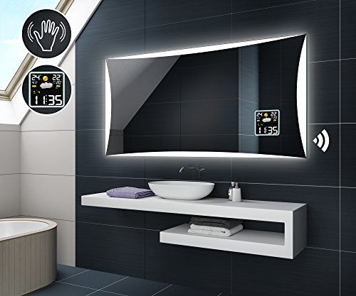 Design Badspiegel mit LED Beleuchtung von Artforma | Wandspiegel Badezimmerspiegel | WETTERSTATION S3 + SENSOR SCHALTER