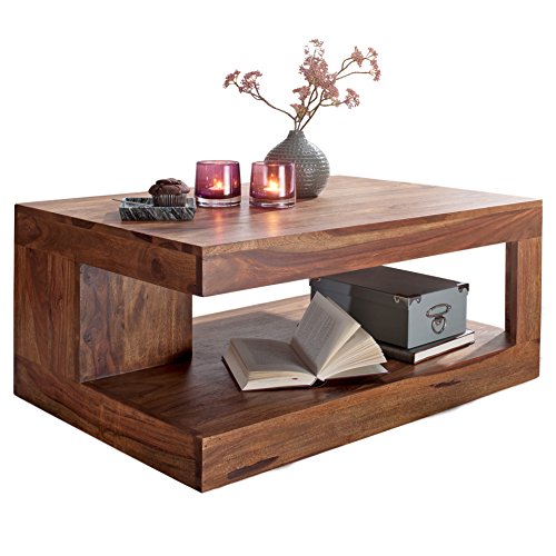 Wohnling Couchtisch Massiv-Holz Sheesham 90 cm breit Wohnzimmer-Tisch Design Landhaus-Stil Beistelltisch Natur-Produkt…