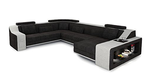 XXL Wohnlandschaft Stoff Sofa schwarz antrazit / platin grau U-Form Ecksofa Design Couch mit LED-Licht Beleuchtung BERLIN