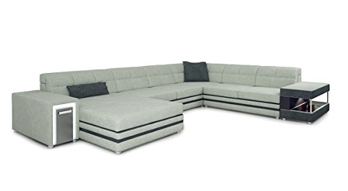 XXL Wohnlandschaft U-Form Stoff weiß platin / grau Textil Sofa Couch Designsofa Ecksofa mit LED-Licht Beleuchtung MARCO