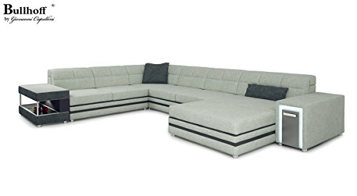 XXL Wohnlandschaft U-Form Stoff weiß platin / grau Textil Sofa Couch Designsofa Ecksofa mit LED-Licht Beleuchtung MARCO