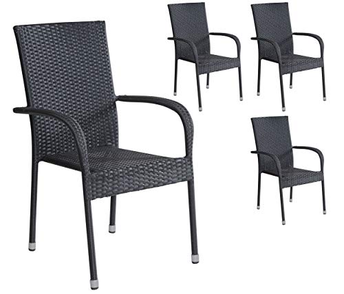 4er Set Stapelstühle Armlehnstühle Gartenstühle in schwarz mit Armlehnen exkl. Auflage stapelbar für Garten, Terrasse…