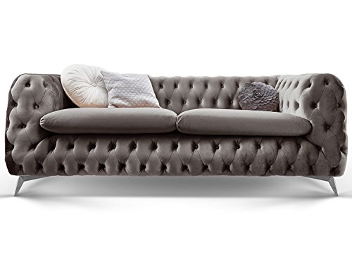 Chesterfield Sofa Couch Stoff Samt 3 Sitzer 2 Sitzer Sessel 1 Sitzer Designer Möbel Emma (3-Sitzer, Silber-Grau)